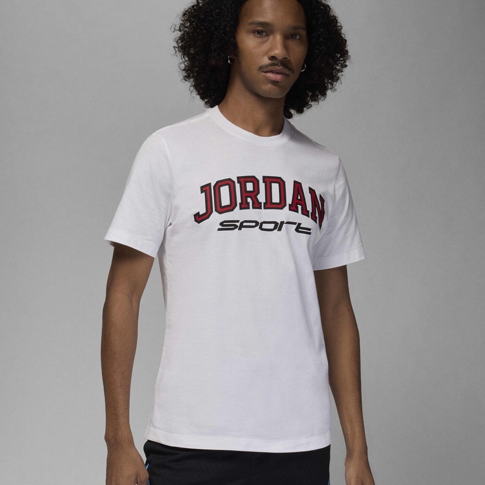 Nike White Short-Sleeve Graphic Tee with Red and Black Logo